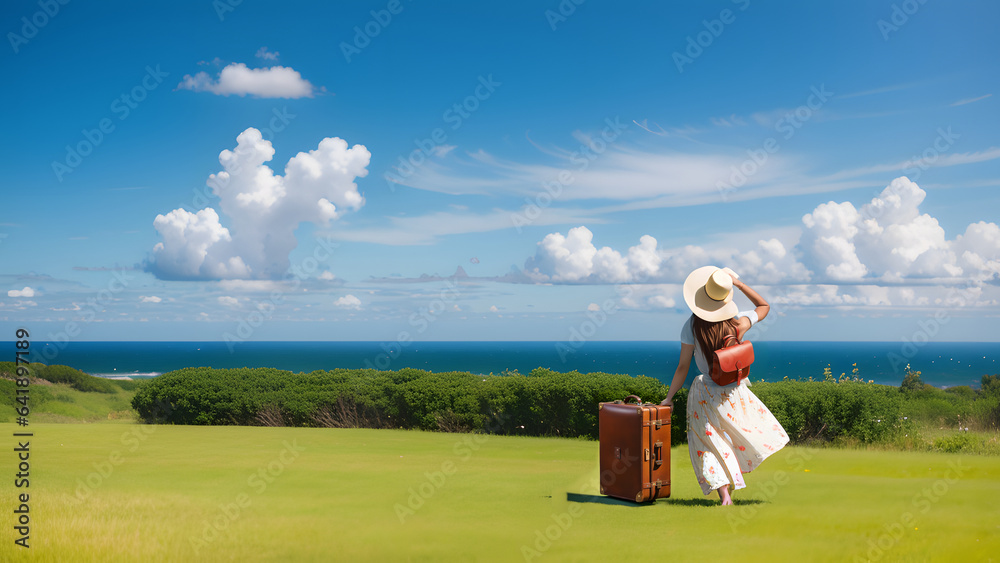 Full-length portrait of a young lady with a vintage suitcase in hands Full-length portrait of a young lady with a vintage suitcase in hands