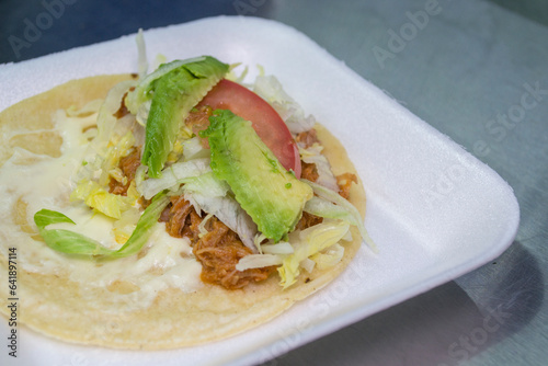 Comida típica de México, taco de harina con guisado de res y verduras servido.