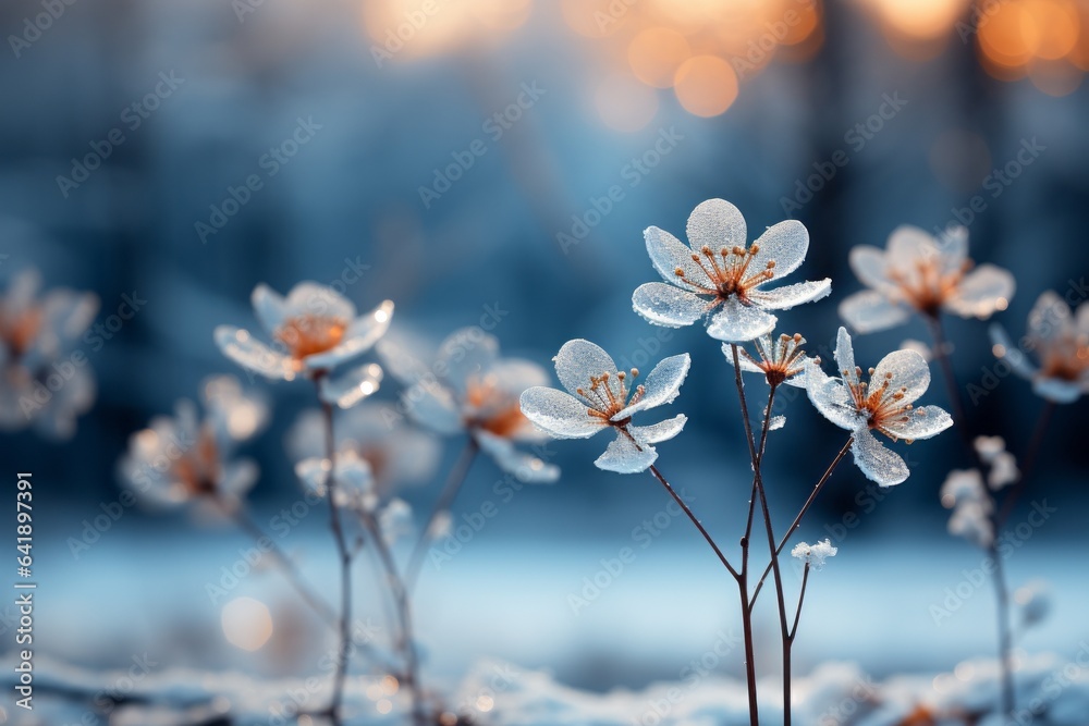 A pretty winter landscape with snow and light blur. Generative AI. 
