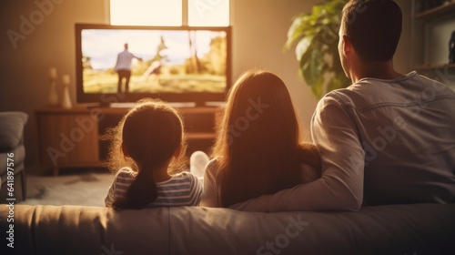 a photo of a beautiful american family with parents and kids watching TV together late in the evening. sitting on a couch and enjoying time together. father and his children. Generative AI