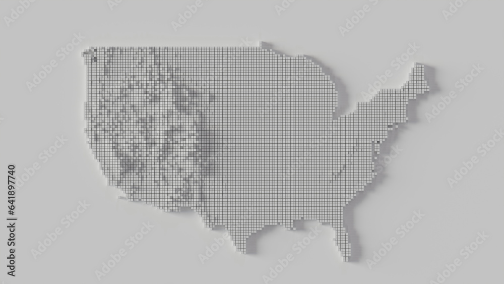 White U.S. Map of Minimal Digitized Mosaic, 3d rendering