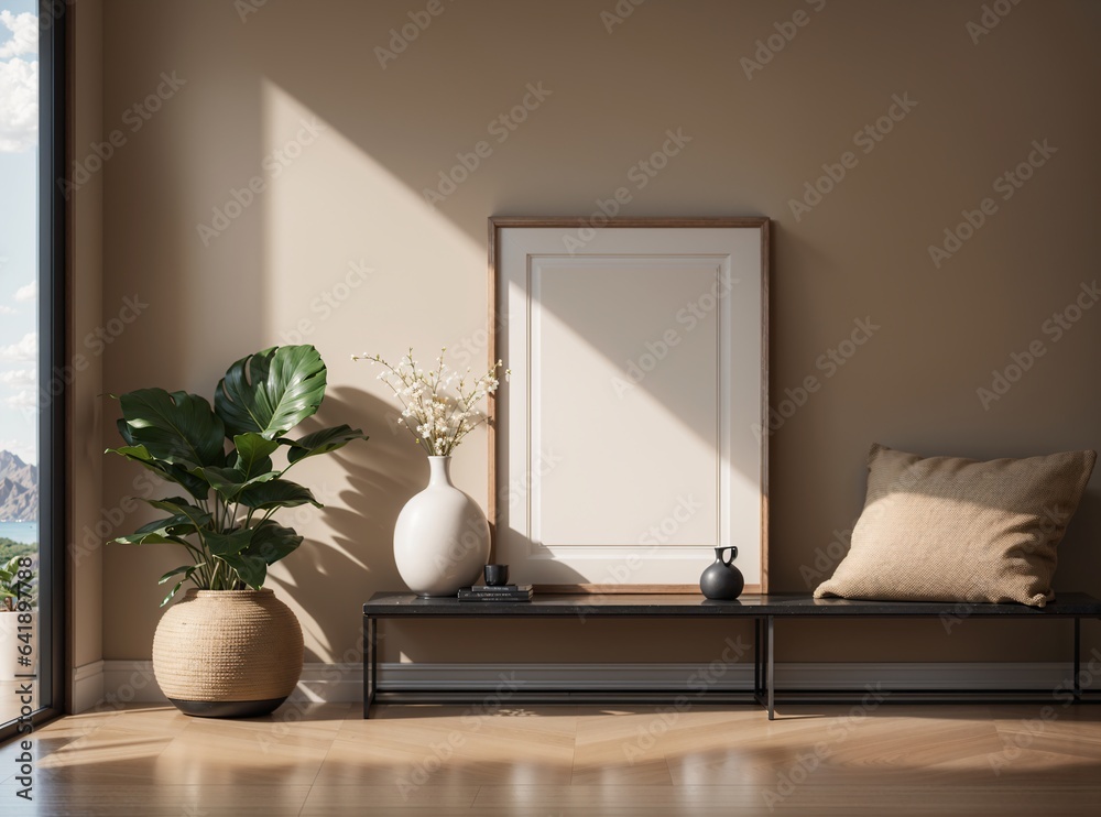 white mockup frame in minimalist, cozy, and stylish living room with natural light, greenery, and wooden accents white mockup frame in minimalist, cozy, and stylish living room with natural light, greenery, and wooden accents