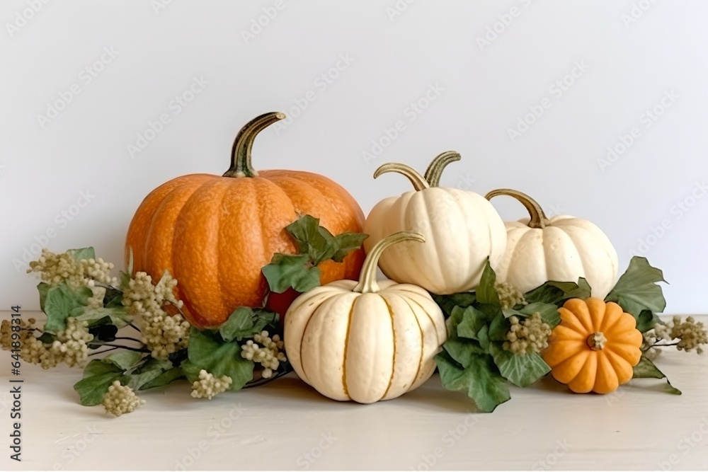 Thanksgiving pumpkins decorations on white background. Halloween and Thanksgiving composition, generative ai.