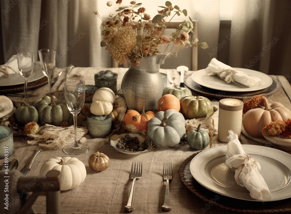 Thanksgiving table setting with white pumpkins, generative ai elegant and fancy holiday dinner place setting