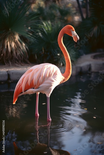 Flamingo walking in water, generative ai.
