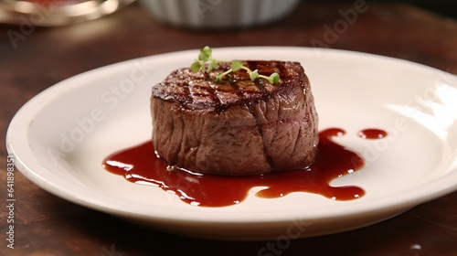 Filet Mignon Delight: Succulent Steak with Sauce on a Plate