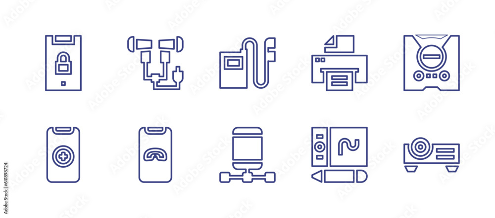 Device line icon set. Editable stroke. Vector illustration. Containing projector, locked, earphones, add, end, game console, music player, responsive, printing, tablet.