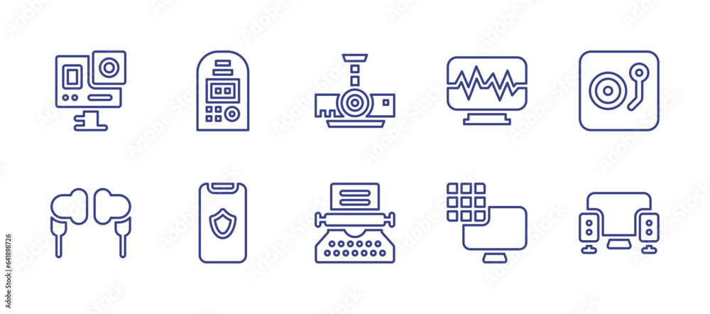 Device line icon set. Editable stroke. Vector illustration. Containing projector, typewriter, dosimeter, security, earthquake, turntable, smart tv, earphone, action camera.
