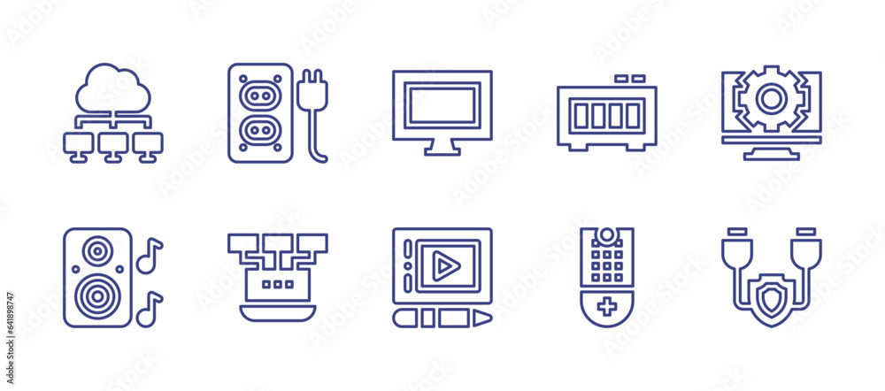 Device line icon set. Editable stroke. Vector illustration. Containing devices, socket, speaker, local network, settings, usb cable, computer, tablet, quality, remote control.