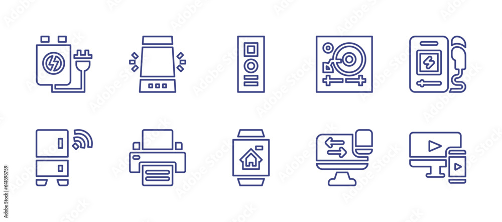 Device line icon set. Editable stroke. Vector illustration. Containing music player, responsive, rechargeable battery, voice assistant, refrigeration, printer, remote control, watch, vinyl, transfer.