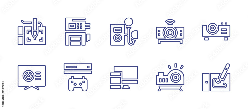 Device line icon set. Editable stroke. Vector illustration. Containing device, devices, projector device, graphic tablet, photocopier, sports, console, projector.
