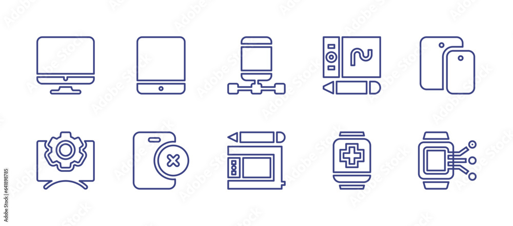 Device line icon set. Editable stroke. Vector illustration. Containing tablet, smartwatch, screen, settings, device, responsive, graphic tablet.