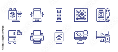 Device line icon set. Editable stroke. Vector illustration. Containing music player, responsive, rechargeable battery, voice assistant, refrigeration, printer, remote control, watch, vinyl, transfer.