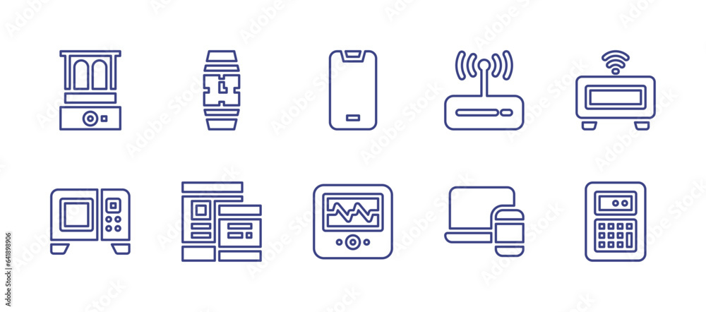 Device line icon set. Editable stroke. Vector illustration. Containing smartphone, ecg, wireless router, laptop, clock, calculator, food steamer, smartwatch, microwave, tablet.