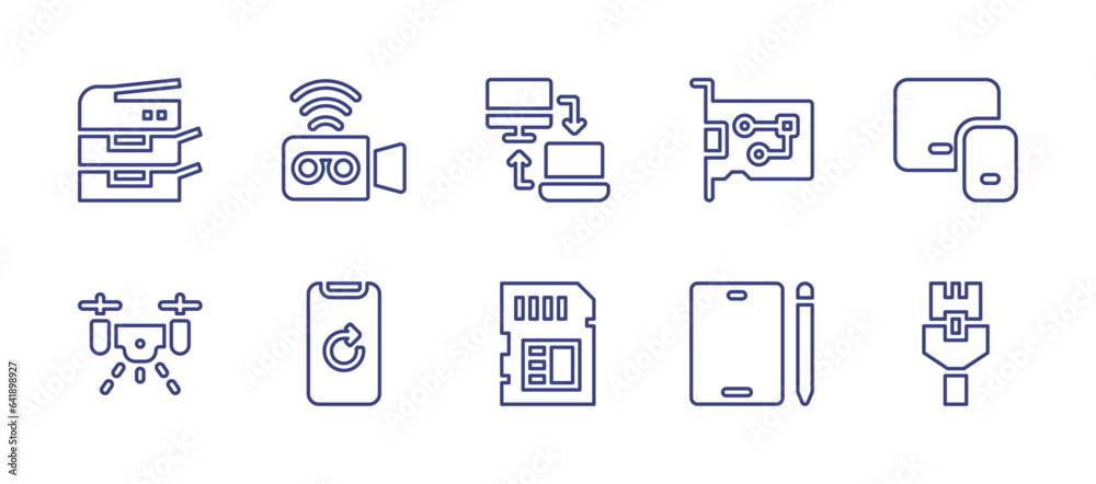 Device line icon set. Editable stroke. Vector illustration. Containing local network, memory card, network interface card, tablet, device, photocopier, broadcast, drone, return, ethernet.