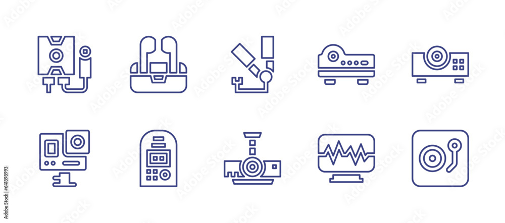 Device line icon set. Editable stroke. Vector illustration. Containing hair straightener, projector, earphones, dosimeter, earthquake, turntable, water heater, action camera.