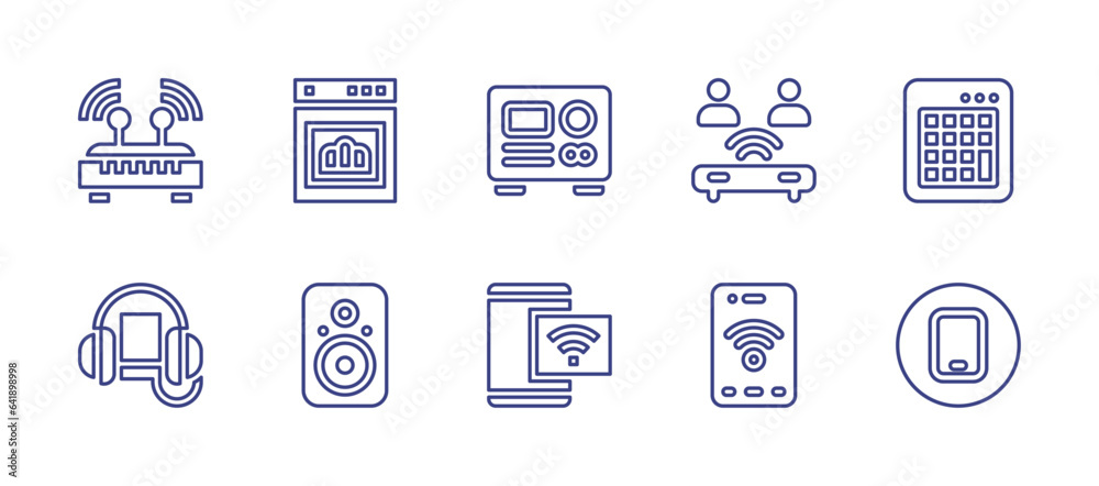 Device line icon set. Editable stroke. Vector illustration. Containing wifi, users, smartphone, numeric device, device, router, oven, listen, speakers, power supply.