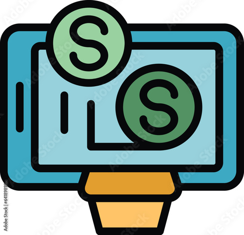 Online money icon outline vector. Video monetize. Profit data color flat