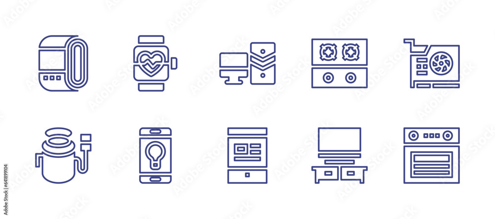 Device line icon set. Editable stroke. Vector illustration. Containing smartwatch, pot, idea, video card, oven, stove, tv, desktop computer, tablet.