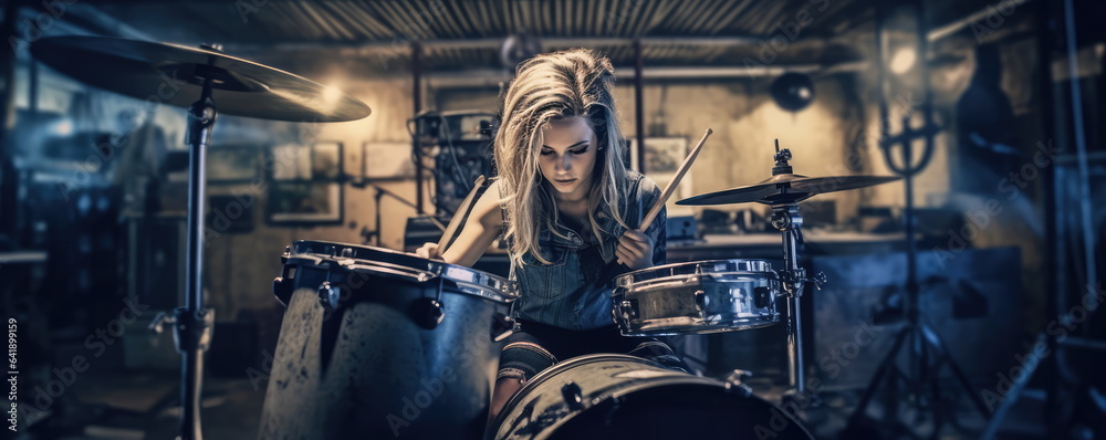 Fototapeta premium Rock drums. enthusiastic playing. Hand edited generative AI.