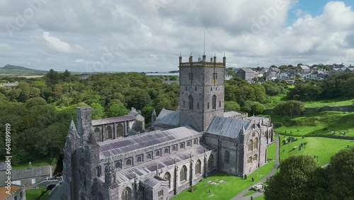 St Davids Cathedral from a drone, St Davids, Haverfordwest, Pembrokeshire, Wales, England photo