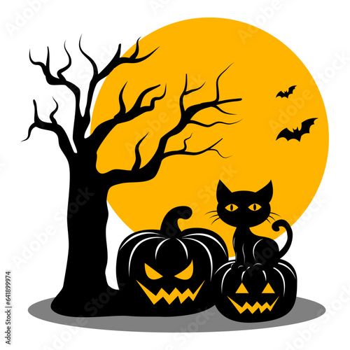 Silhouette Halloween night and element with Full Moon 