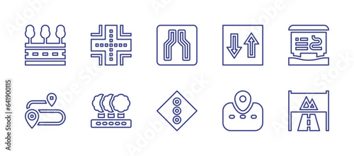 Road line icon set. Editable stroke. Vector illustration. Containing road, route, narrow road, traffic light, priority, ski resort, road sign.