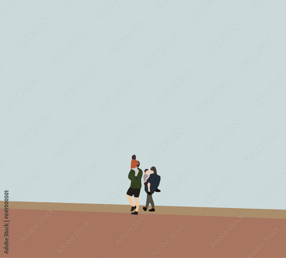 Family Carrying Children walking on city street. Mother and father carrying son on his shoulders on vacation. Happy family enjoying Family Carrying Children walking on city street. Mother and father carrying son on his shoulders on vacation. Happy family enjoying