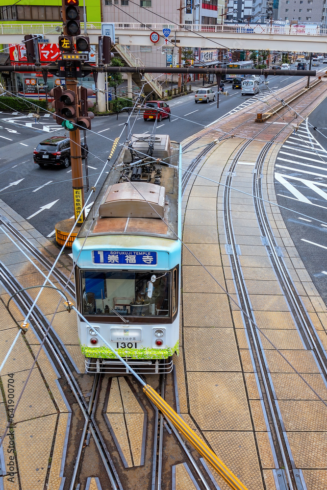 Nagasaki, Japan Nov 29 2022 Tram in Nagasaki city, it's served by 4