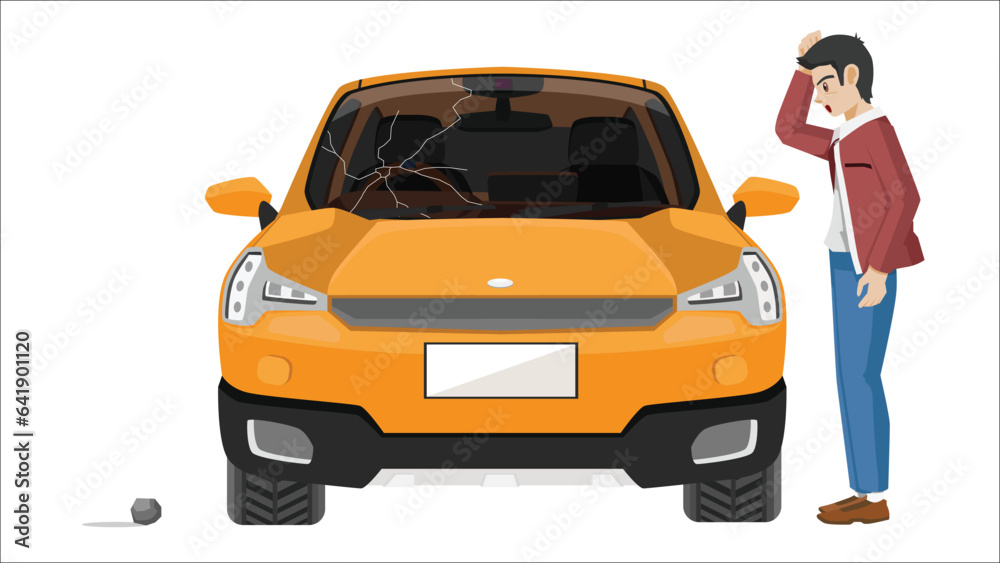 Naklejka premium Concept Mirror glass front off car damage. Front window damaged by an accident. Throw a large rock against the glass. Driver of the car stood in a daze.