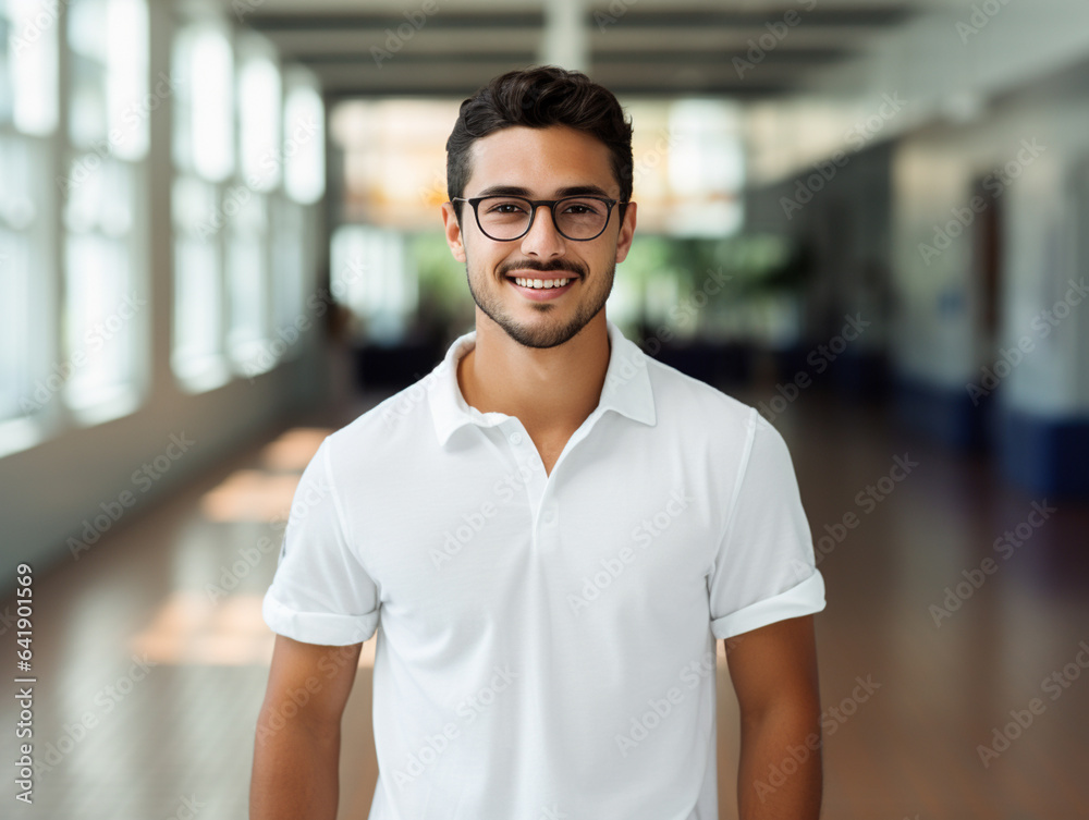 Joven latino con barba corta y gafas con camisa blanca posando en un ...