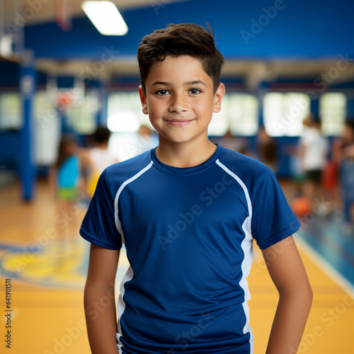Primer plano de un estudiante latino de primaria en el gimnasio de su escuela usando una playera deportiva azul con rayas blancas photo