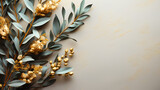 Copy space banner of simple gold cutlery and eucalyptus branches on white dish over light grey background