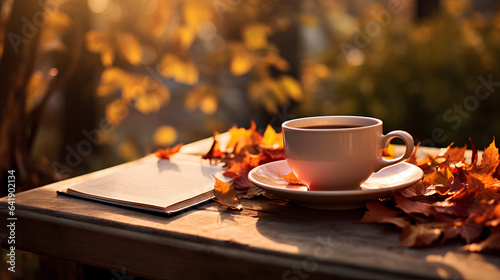 Cup with hot tea with bright fallen leaves and old books in garden, natural abstract background 