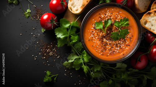 Delicious Homemade Tomato Soup( or Gazpacho) on a Concrete Background