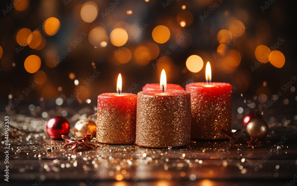 red candles, and confetti on wooden tabletop with golden bokeh background red candles, and confetti on wooden tabletop with golden bokeh background