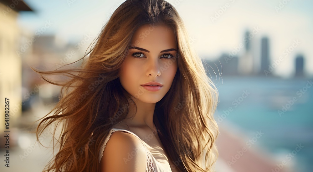 Young beautiful lady on a beach in a vicinity of a city. Generative AI.
