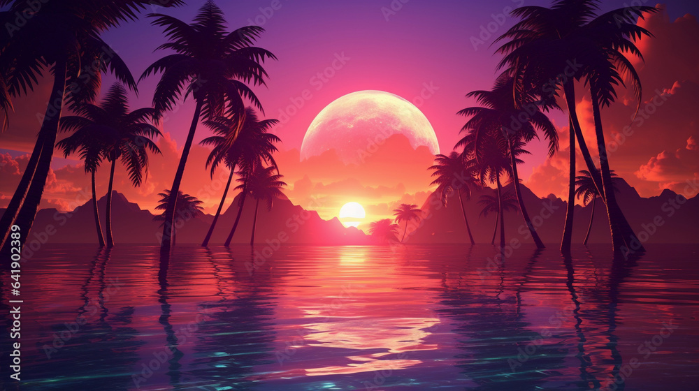 Retro Sunset Dreams: A Serene Beach Scene with Vintage Palms Whispering Nostalgia
