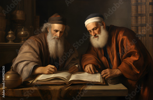 Two elderly scholars studying a religious text, 17th century painting. Generative AI.