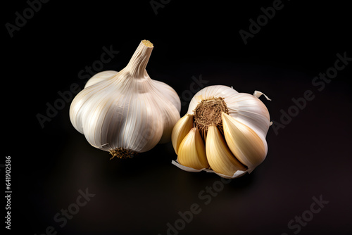 Raw garlic cloves on black background