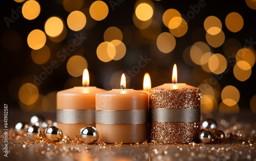 golden candles, and confetti on wooden tabletop with golden bokeh background