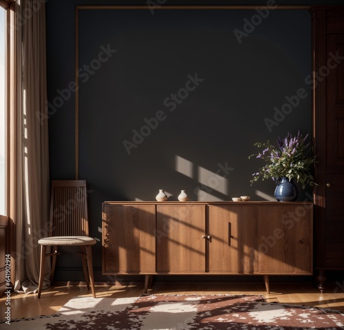 vintage wooden sideboard with blue vase and natural light in a living room © Davis Joel