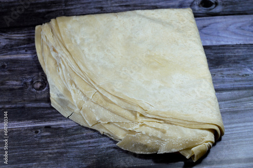 Crepe, a very thin type of pancake, crepes are divided into varieties  sweet crepes and or savoury galettes, served with a wide variety of fillings such as cheese, fruit, vegetables, meats and spreads photo