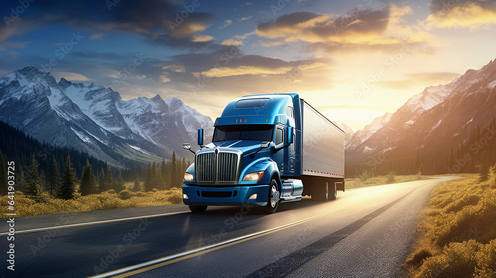 Transportation Evolution: Blue Semi-Truck Powering Through Mountain Scenery, Symbolizing Strength and Reliability