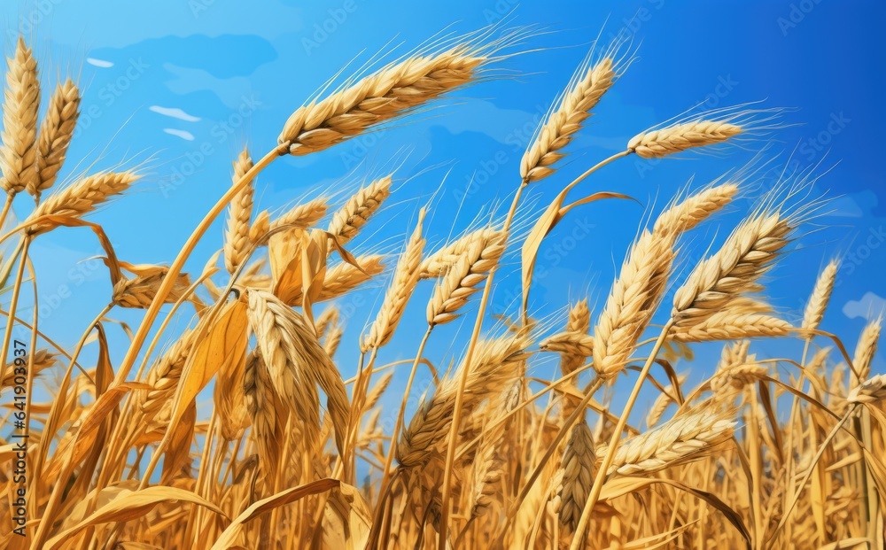 Yellow agricultural field with ripe wheat against the blue sky. ears of wheat close-up Yellow agricultural field with ripe wheat against the blue sky. ears of wheat close-up