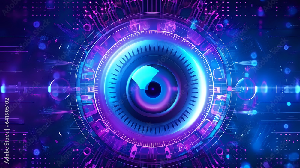 cyber security concept, cybernetic blue eye with technology futuristic background for web pages and presentations