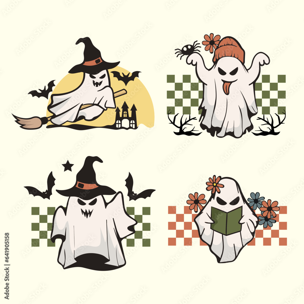 Set of retro Halloween ghost illustrations. Retro Halloween shirt design.