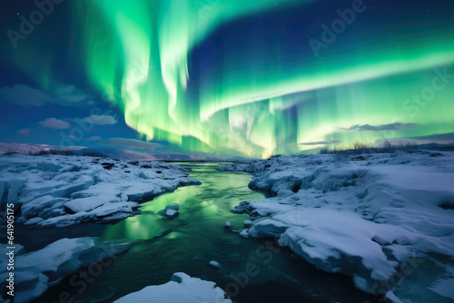 Ethereal Arctic Dance: Mesmerizing Aerial View of Vibrant Polar Lights Illuminating the Night Sky © aicandy