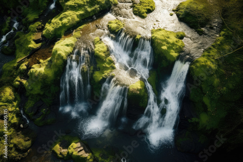Enchanting Aerial Serenity  Majestic Mossy Waterfall Embraced by Lush Greenery  Sunlit Tranquility  and Pristine Beauty