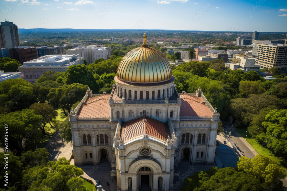 Fototapeta premium Majestic Synagogue: Aerial Serenity amidst Vibrant Cityscape, Lush Greenery & Historic Architecture - Embodying Jewish Faith & Cultural Beauty